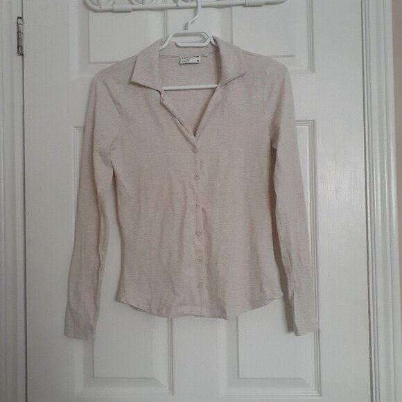 Frank & Oak Women's Size XS Oatmeal Long Sleeve Jersey Button Up Cotton Shirt - Picture 3 of 12